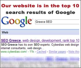 Click here to see for yourself how our web site is listed in the top ten results of Yahoo for the words 'seo greece'